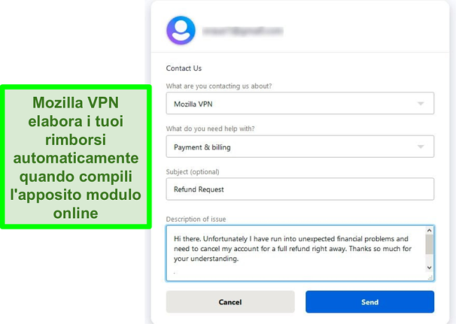 Screenshot del modulo di contatto di Mozilla VPN che richiede cancellazione e rimborso