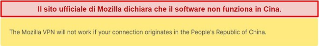 Screenshot di una dichiarazione dal sito Web di Mozilla VPN che afferma che non funziona in Cina