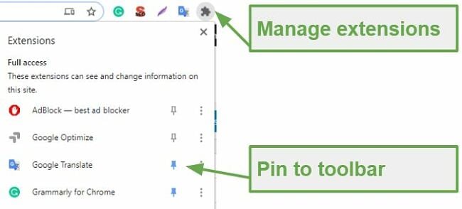 Screenshot of Google Translate Extension for Chrome showing explanation on how to pin it to the toolbar and where to manage extensions