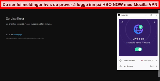 Skjermbilde av en feil på HBO NÅ når du er koblet til Mozilla VPNs New York, NY-server