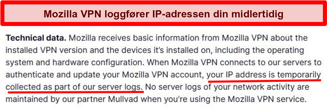 Skjermbilde av personvernregelen til Mozilla VPN som viser IP-adressen din, blir midlertidig samlet inn