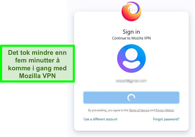 Skjermbilde av påloggingsskjermen til Mozilla VPN