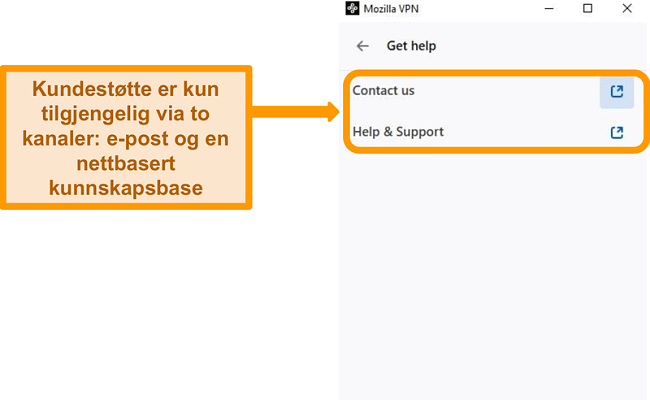 Skjermbilde av Mozilla VPNs Få hjelp-delen i innstillingsmenyen