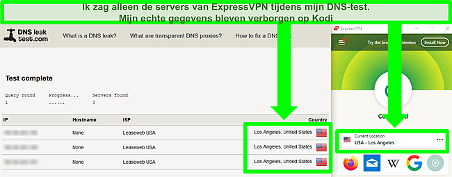 Screenshot van ExpressVPN die een DNS-lektest doorstaat terwijl deze is verbonden met een server in Los Angeles.
