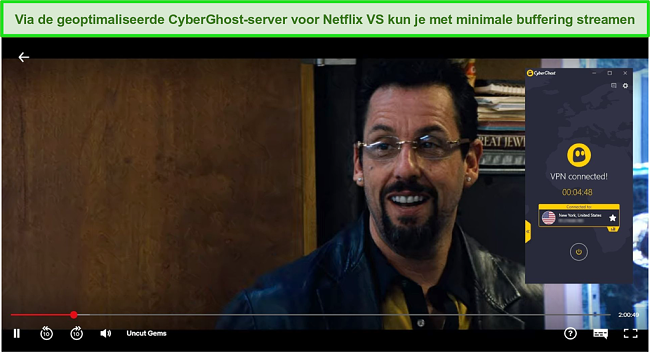 Screenshot van CyberGhost die de geografische blokkades van Netflix US omzeilt om Uncut Gems te streamen