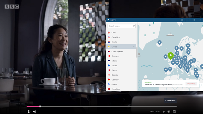 Screenshot van NordVPN die Killing Eve streamt op BBC iPlayer