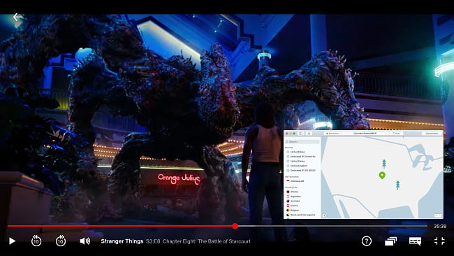 Screenshot of streaming Stranger Things on Netflix with NordVPN connected to a server in the US