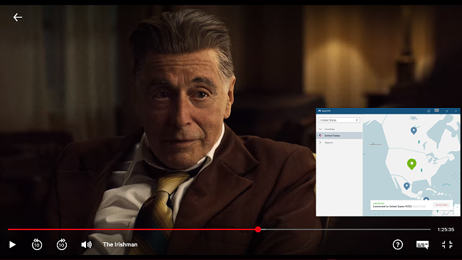 Screenshot of NordVPN streaming The Irishman on Netflix