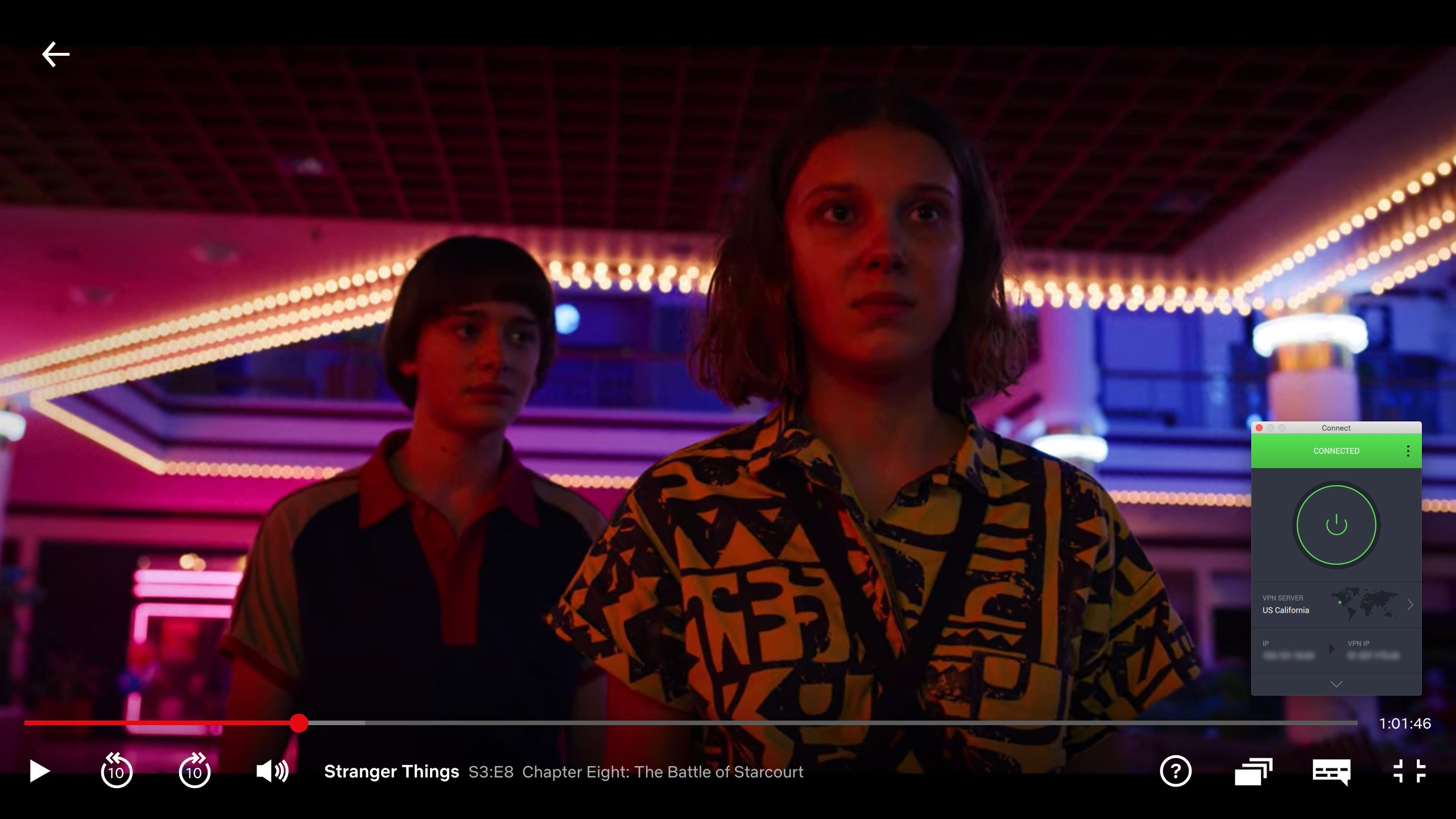 Captura de pantalla de PIA transmitiendo Stranger Things en Netflix
