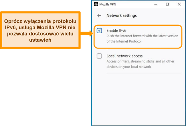 Zrzut ekranu ekranu ustawień sieciowych Mozilla VPN