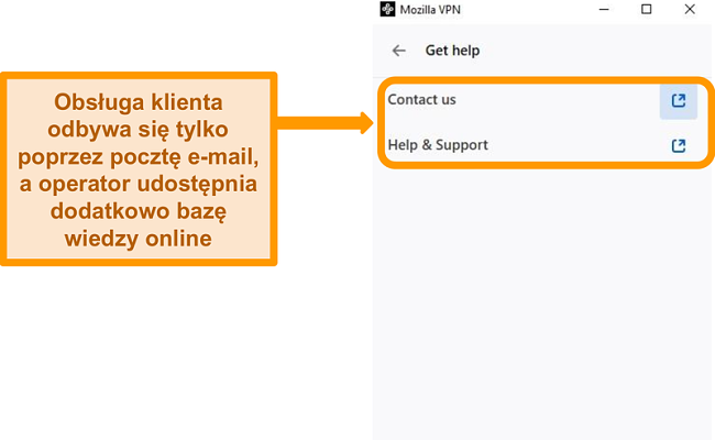 Zrzut ekranu sekcji Uzyskaj pomoc w Mozilla VPN w menu ustawień