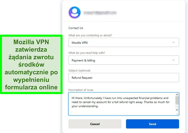 Zrzut ekranu formularza kontaktowego Mozilla VPN z prośbą o anulowanie i zwrot pieniędzy