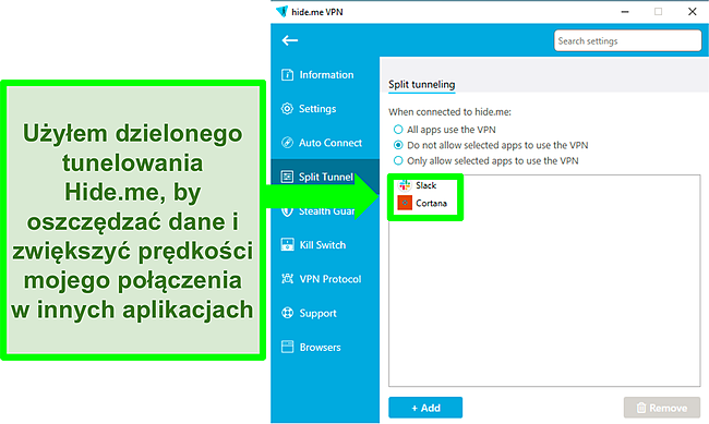 Zrzut ekranu ekranu ustawień Hide.me przedstawiający zakładkę Split Tunnel.