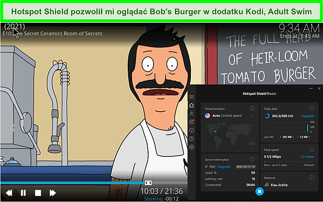 Zrzut ekranu przedstawiający Bob's Burgers grających w Kodi, gdy Hotspot Shield jest podłączony do serwera w USA.