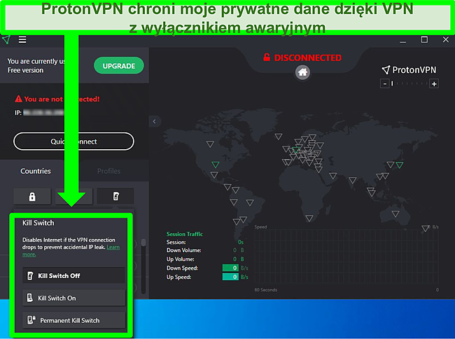 Zrzut ekranu wyłącznika awaryjnego Proton VPN.