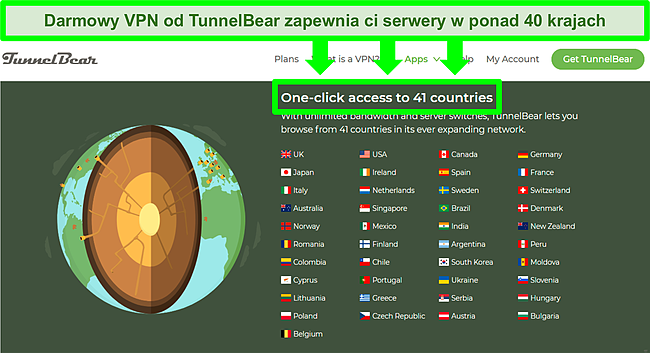 Zrzut ekranu listy serwerów ze strony TunnelBear.