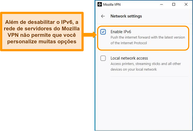Captura de tela da tela de configurações de rede do Mozilla VPN
