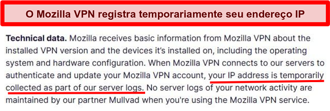 Captura de tela da política de privacidade do Mozilla VPN mostrando que seu endereço IP foi coletado temporariamente