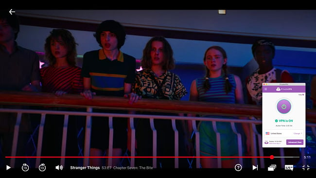 Screenshot of Stranger Things playing on Netflix US while connected to PrivateVPN's server in the US
