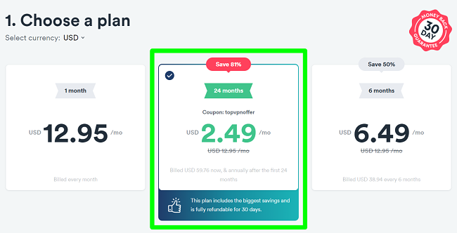 ภาพหน้าจอของตารางราคาของ Surfshark แสดงส่วนลด 81% สำหรับข้อเสนอที่ดีที่สุด