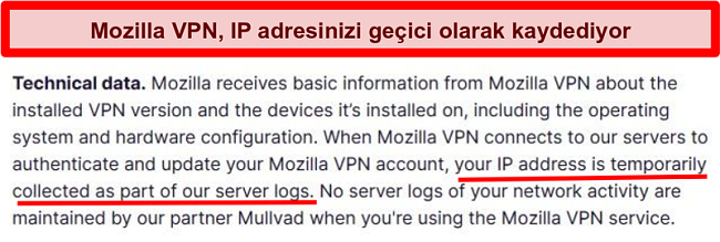 Mozilla VPN'in IP adresinizin geçici olarak toplandığını gösteren gizlilik politikasının ekran görüntüsü