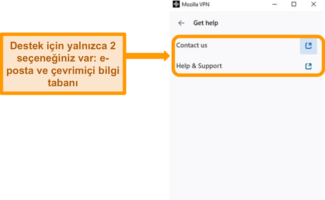 Mozilla VPN'in ayarlar menüsünün yardım alın bölümünün ekran görüntüsü