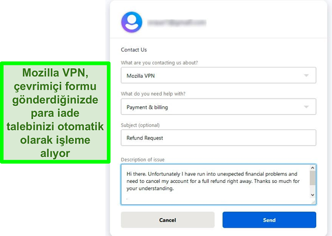 Mozilla VPN'in iptal ve geri ödeme talep eden iletişim formunun ekran görüntüsü
