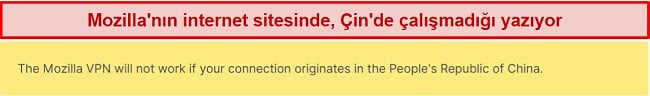 Mozilla VPN'nin web sitesinde Çin'de çalışmadığını söyleyen bir açıklamanın ekran görüntüsü