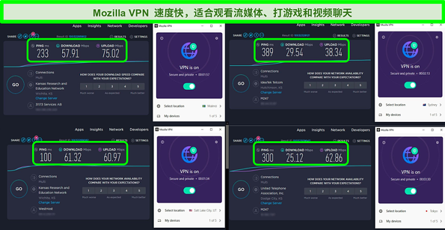 Mozilla VPN连接到全球服务器的4个速度测试的屏幕快照