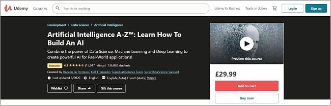 Screenshot of an Artificial Intelligence course on Udemy