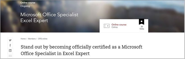 Screenshot of the official Microsoft Excel certification course on Acca Global