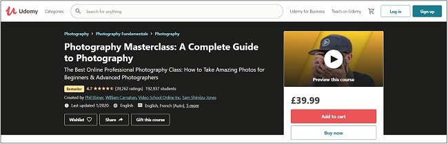 Screenshot of a Photography Masterclass course on Udemy