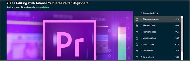 Screenshot of an Adobe Premiere Pro editing course on Skillshare