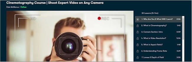 Screenshot of a videography course on Skillshare