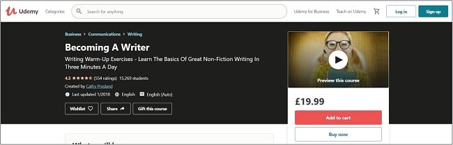 Screenshot of a Writing course on Udemy