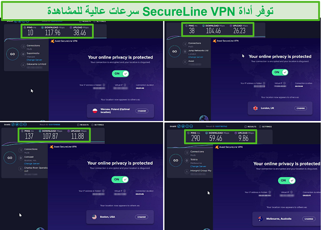لقطة شاشة لاختبارات سرعة SecureLine VPN من Avast من بولندا والمملكة المتحدة والولايات المتحدة وأستراليا
