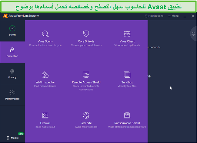 لقطة شاشة لقائمة حماية سطح المكتب في Avast