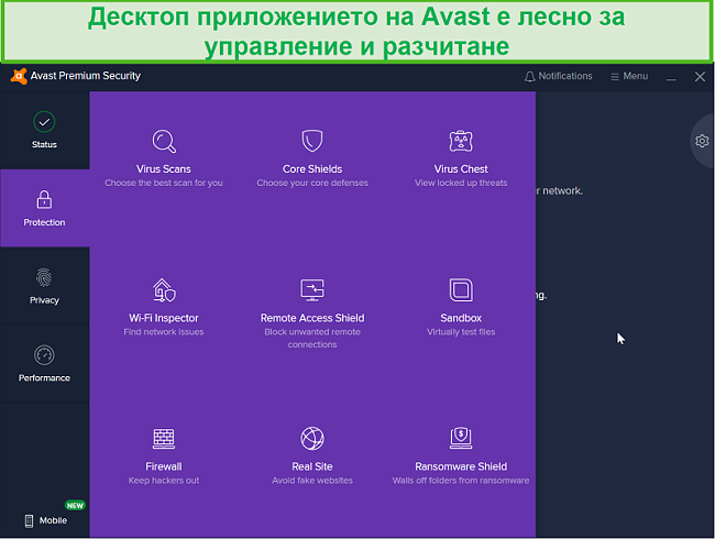 Екранна снимка на менюто за защита на работния плот на Avast