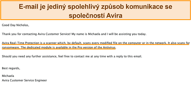 Screenshot z e-mailové výměny mezi antivirem Avira a zákazníkem