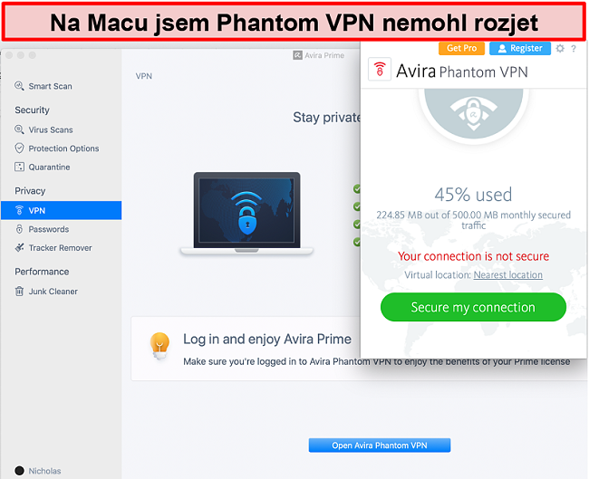 Screenshot z Avira Phantom VPN pro Mac.
