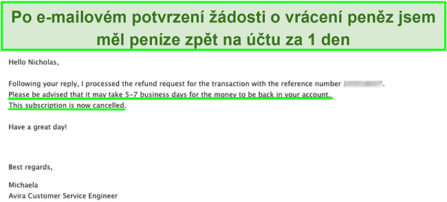Screenshot e-mailu se zákaznickou podporou Avira, která požaduje vrácení peněz