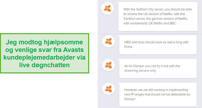 Skærmbillede af en live chat med en Avast supportagent