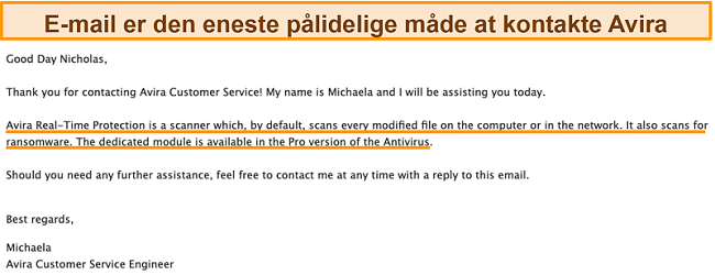 Skærmbillede af en e-mail-udveksling mellem Avira antivirus og en kunde