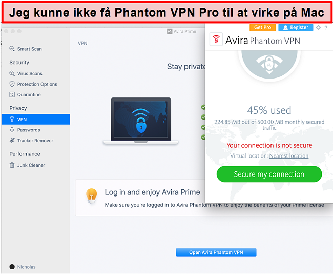 Skærmbillede af Avira Phantom VPN på Mac.