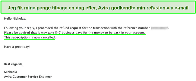 Skærmbillede af e-mail med Avira kundesupport, der anmoder om refusion