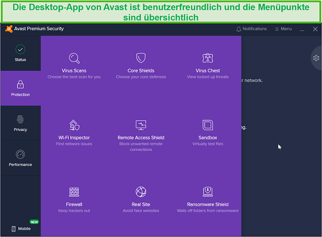 Screenshot des Desktop-Schutzmenüs von Avast