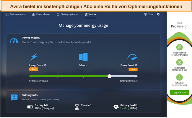 Screenshot von Avira Antivirus und seinen Optimierungstools für die bezahlte Prämie