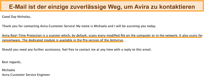 Screenshot eines E-Mail-Austauschs zwischen Avira Antivirus und einem Kunden
