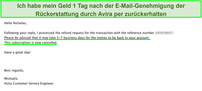 Screenshot einer E-Mail mit dem Avira-Kundendienst, der eine Rückerstattung anfordert