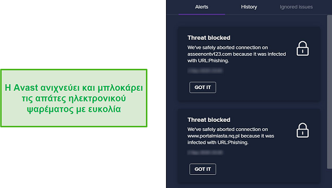 Στιγμιότυπο οθόνης προειδοποίησης Avast για τομείς ηλεκτρονικού ψαρέματος και αποκλεισμός της πρόσβασης σε αυτούς.